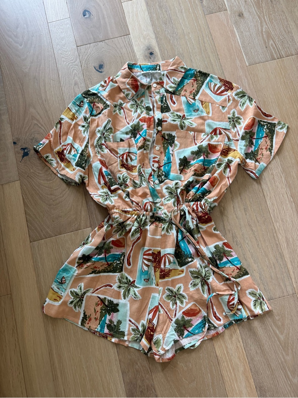 Tropical Peach Beach Print Romper Linen